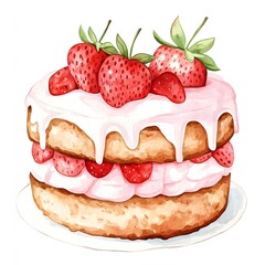 Delicious strawberry cake with a creamy frosting, perfect for desserts and celebrations. Cake watercolor clipart.