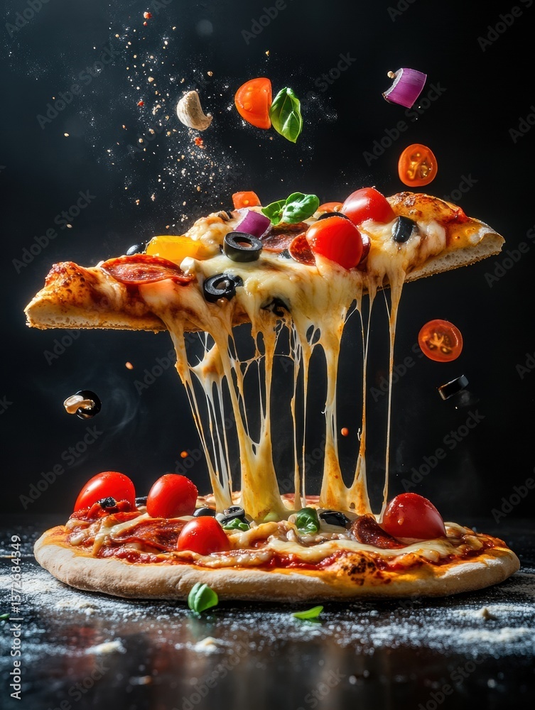Poster delicious pizza slice erupts with gooey cheese and vibrant toppings in high-speed photography agains
