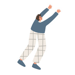 illustration of a person stretching. A person in a blue sweater and checkered pants raises their arms. Relaxing and warming up in an outdoor setting. Flat vector illustration.