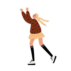 illustration of a girl jumping joyfully. A blonde girl in a brown sweater and a short skirt raises her arms. Playful and cheerful moment in a park scene. Flat vector illustration.