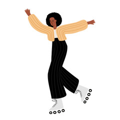 African American woman in a yellow sweater and black pants roller skating. She moves gracefully with arms outstretched. Her curly hair adds to the lively motion. Flat vector illustration.