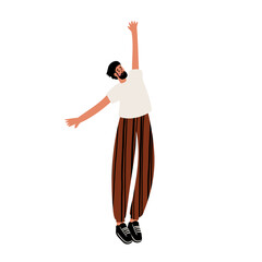 Illustration of a man jumping with arms raised. He wears a white t-shirt, brown striped pants, and sneakers. His pose suggests excitement. Flat vector illustration.