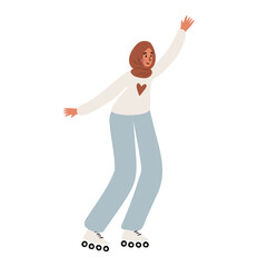 Illustration of a woman roller skating. She wears a white crop top, light blue jeans, and skates. Her arms are raised in excitement. Flat vector illustration.