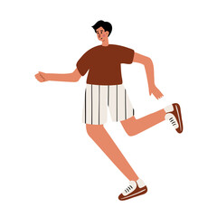 Illustration of a young man running. He wears a brown t-shirt, white striped shorts, and sneakers. His dynamic pose suggests movement. Flat vector illustration.