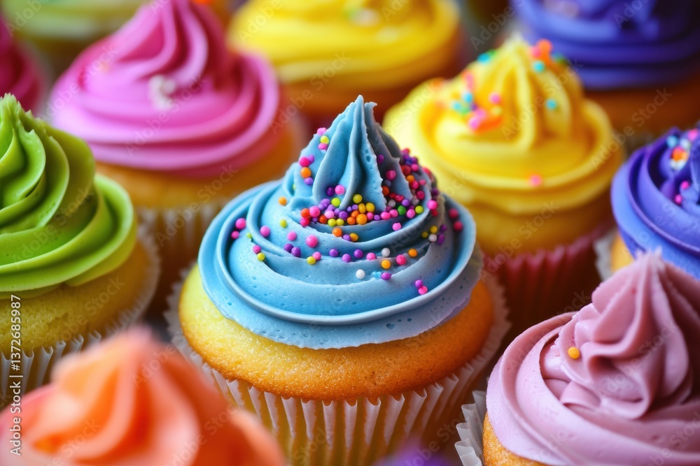 Poster delightful assortment of colorful cupcakes with neon icing and rainbow sprinkles in a vibrant bakery