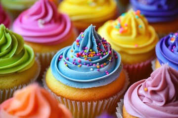 Delightful assortment of colorful cupcakes with neon icing and rainbow sprinkles in a vibrant bakery setting