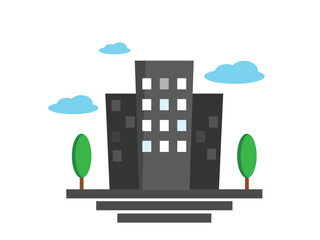 Vector illustration of city buildings with trees and clouds,