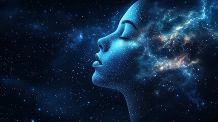 Woman silhouette filled with stars and swirling nebulas