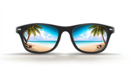 Pair of sunglasses with a reflection of a beach in the water. The sunglasses are black and the reflection is clear