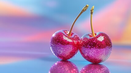 Two cherries with glitter on them are sitting on a blue background. The cherries are pink and have a glittery appearance. The image has a playful and whimsical mood