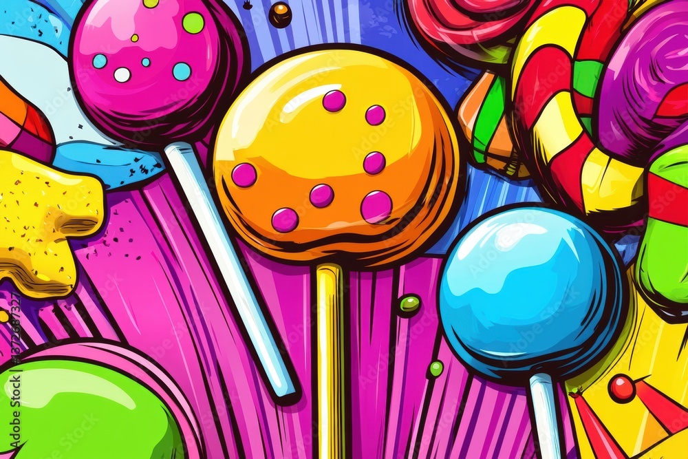 Leinwandbilder dynamic pop-art background featuring oversized colorful lollipops and chewy candy shapes with bold o