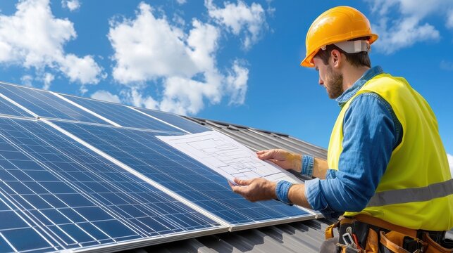 A male solar panel installer carefully reviews blueprints while inspecting a newly installed residential solar energy system on a roof under a bright sunny sky.