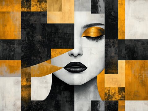 Abstract female portrait in grayscale with golden eye makeup surrounded by bold geometric squares in black gold cream and textured brush style