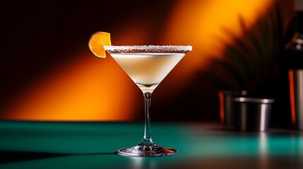 Martini glass with a slice of orange on top. The glass is on a green table