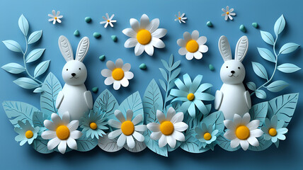 whimsical scene featuring two cute bunnies surrounded by vibrant flowers and leaves, perfect for spring celebrations
