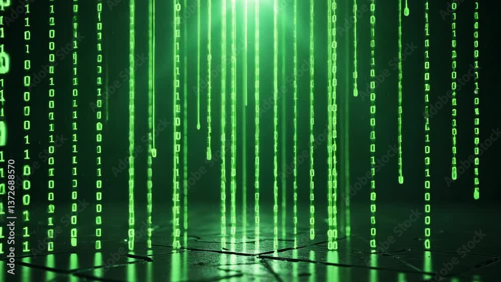 Poster futuristic green binary rain effect on dark background with glowing code visuals and abstract design