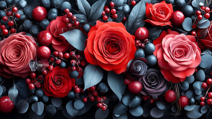 Gothic inspired floral arrangement featuring deep crimson roses, dark leaves, and berries, creating dramatic and elegant