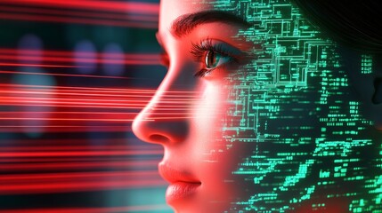 Woman's face is projected onto a computer screen with a green background. The image conveys a futuristic and technological atmosphere, with the woman's face appearing as a digital representation
