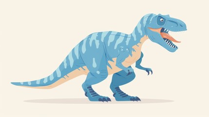 Fototapeta premium Blue cartoon dinosaur with sharp teeth and claws roaring in front of an abstract background.
