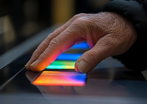 Senior hand with colorful touch screen.