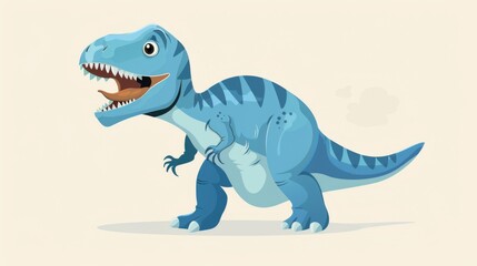 Naklejka premium Blue cartoon dinosaur with sharp teeth and claws roaring in front of an abstract background.