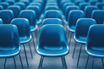 Obraz premium Blue chair stands out in a sea of identical ones, symbolizing individuality and success