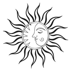 Fototapeta premium Sun illustration with face in intricate black outline design 