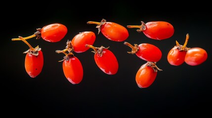 Bunch of red berries are suspended in the air. The berries are ripe and ready to be eaten