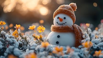 Obraz premium Snowman in a blooming flower field