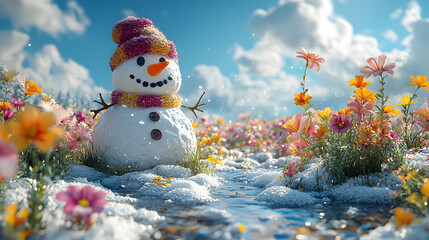 Obraz premium Snowman in a blooming flower field