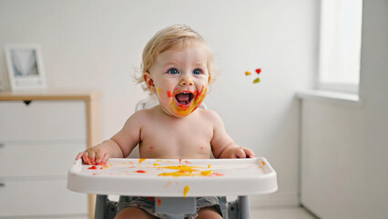 Pure Joy: A Baby's First Food Adventure: Capture the sweet innocence as a baby explores a new world of tastes, covered in colorful food, and spreading pure joy.