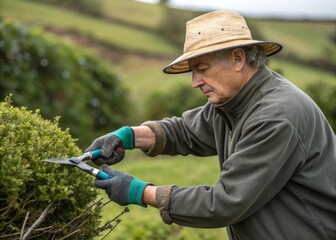 Gardening action of a male british gardener in the english countryside portrait photography natural environment close-up viewpoint focus on horticultural skills for enthusiasts