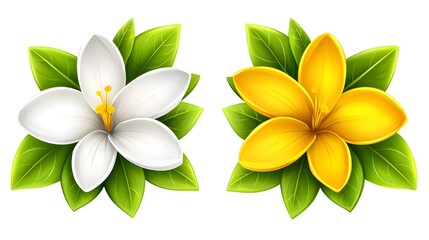 Composition of White and Yellow Flowers with Green Leaves Isolated on a Clean Background