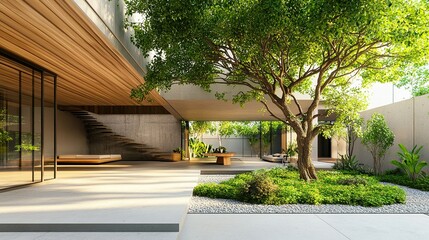 Modern minimalistic house, designed with an open concept, incorporating a vibrant green tree