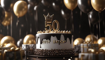 A 50th birthday cake with black and gold decoration, balloons, and gifts, featuring a crown and the text "Happy Birthday."