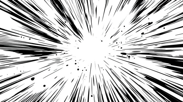 Dynamic comic explosion in black and white sketch style with dramatic speed lines and scattered debris. PNG