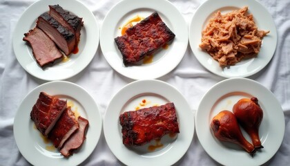 BBQ competition judging table overhead view with six white plates showcasing meticulously prepared meat categories including brisket, ribs, pulled pork and chicken thighs