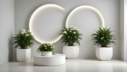 A minimalist product display setup features a white, circular platform at the center, flanked by two square planters each holding a lush green plant with delicate white flowers