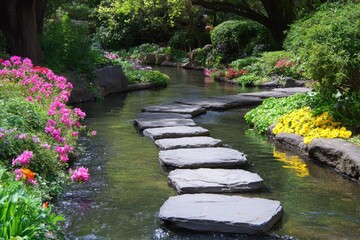 Stepping stones lead through a serene stream, lined with vibrant flowers and lush greenery. Peaceful