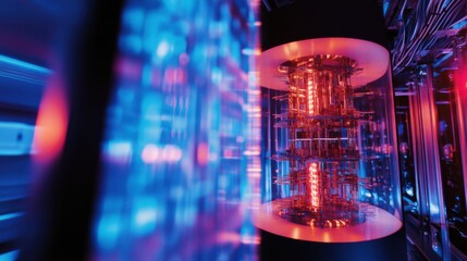 A quantum computer with a glowing superconducting processor, ultra-modern data center with cooling systems, High-tech style