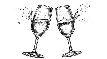 Fototapeta premium PNG. Vintage sketch engraving of two clinking wine glasses with splashing liquid in celebration concept design