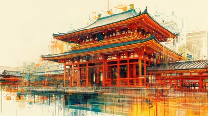 Fototapeta premium Red japanese temple structure is featured in an abstract painting