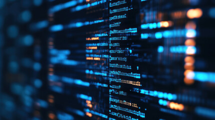 close up of computer screen displaying complex code in blue and orange hues, creating futuristic and digital atmosphere. glowing lines and numbers suggest data processing