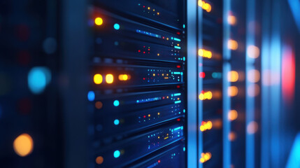 close up of server rack with blinking lights, showcasing vibrant and dynamic environment of data center. image highlights technology and infrastructure essential for modern computing