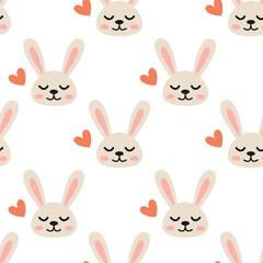 Cute bunny pattern with hearts on a white background in a playful design for kids