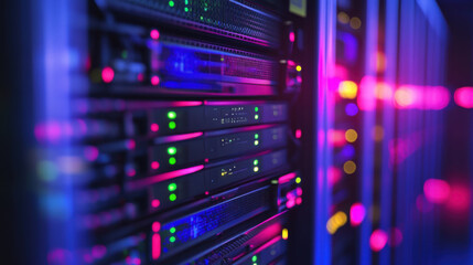 close up of server rack with blinking lights reveals vibrant array of colors, highlighting advanced technology and digital connectivity within data center