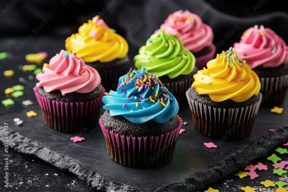 Poster colorful cupcakes with neon icing and rainbow sprinkles on a dark surface create a vibrant bakery di