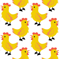 Colorful illustration of playful chickens on a vibrant green background in a whimsical design