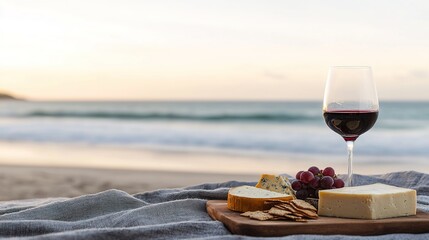 Elegant wine and cheese experience at the beach scenic sunset gourmet setup relaxing atmosphere
