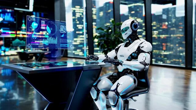  robot humano&iuml;de assis en attente &agrave; cot&eacute; d'un bureau futuriste avec &eacute;cran holographique dans une tour de bureaux de nuit, concept d&rsquo;assistant IA passif ou coworker du futur